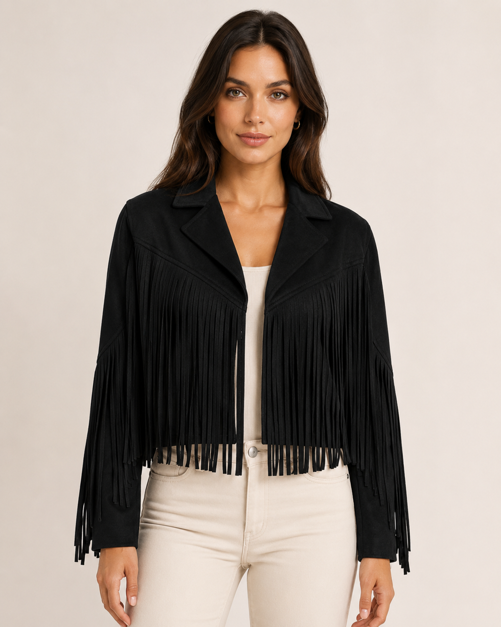 Women's Faux Suede Fringe Jacket | Lapel Collar Open Front Cropped Coat