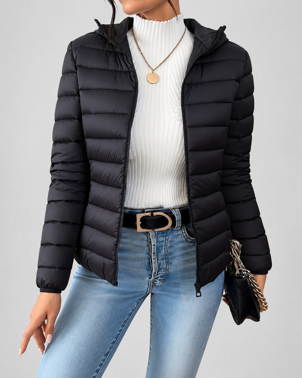 Women's Slim Quilted Hooded Puffer Jacket with Zip Front