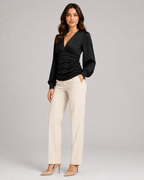 Women's Deep V Neck Blouse | Ruched Waist Long Sleeve Satin Top