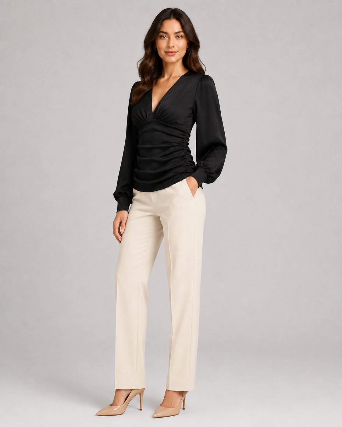 Women's Deep V Neck Blouse | Ruched Waist Long Sleeve Satin Top