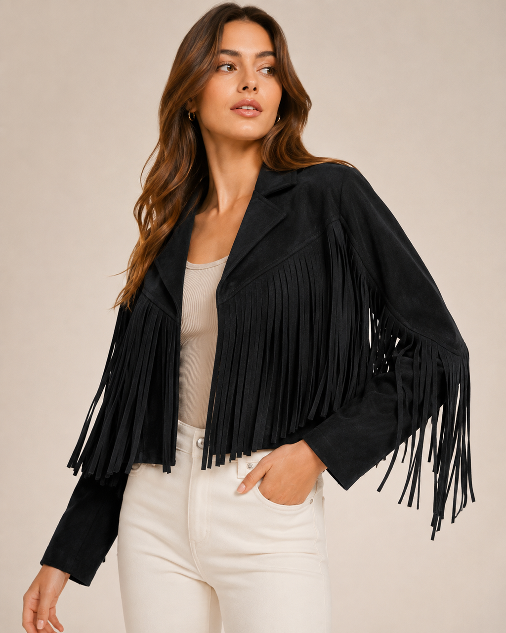 Women's Faux Suede Fringe Jacket | Lapel Collar Open Front Cropped Coat