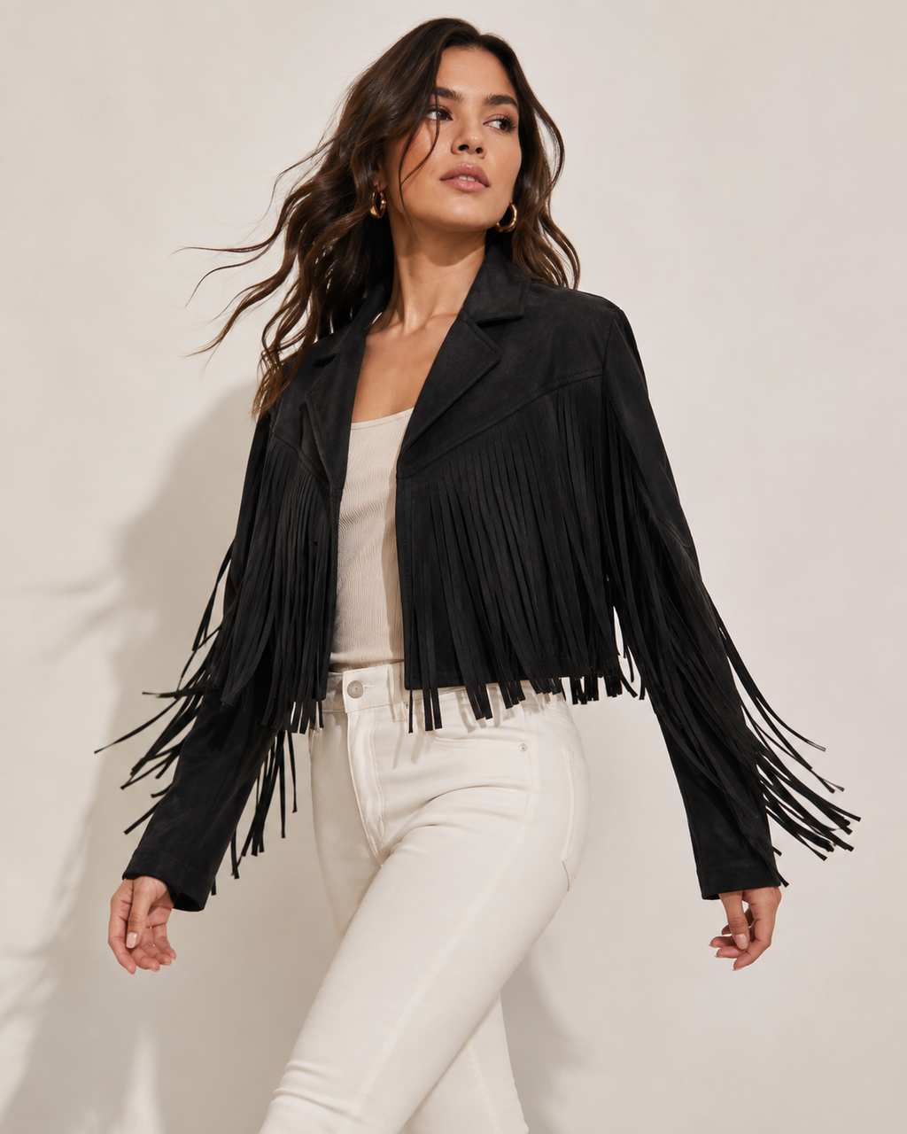 Women's Faux Suede Fringe Jacket | Lapel Collar Open Front Cropped Coat