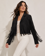 Women's Faux Suede Fringe Jacket | Lapel Collar Open Front Cropped Coat