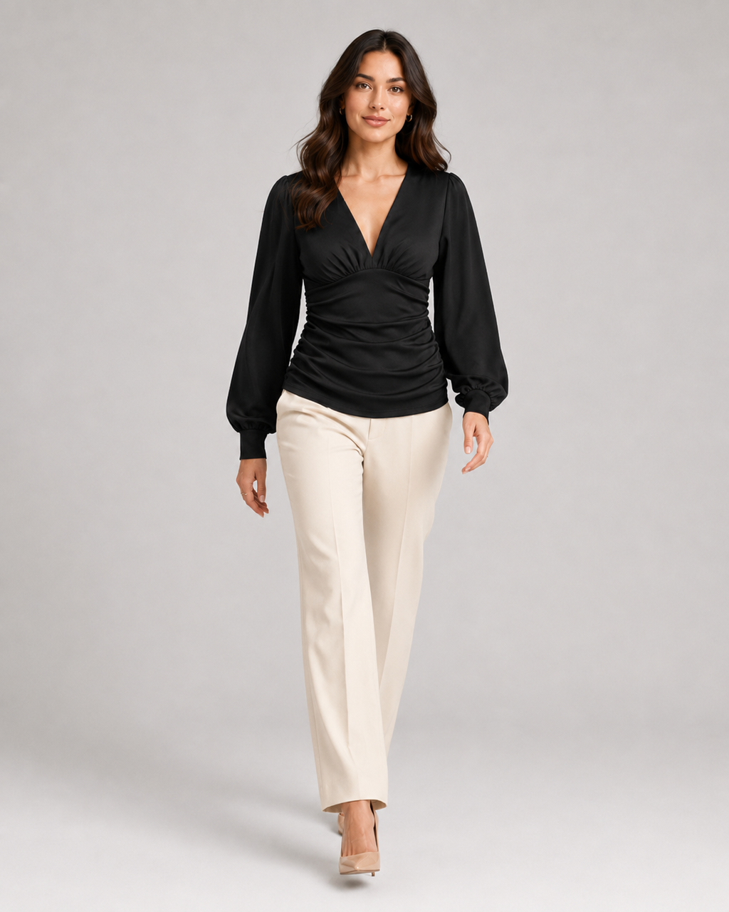 Women's Deep V Neck Blouse | Ruched Waist Long Sleeve Satin Top