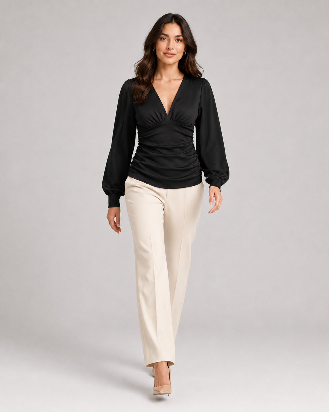 Women's Deep V Neck Blouse | Ruched Waist Long Sleeve Satin Top