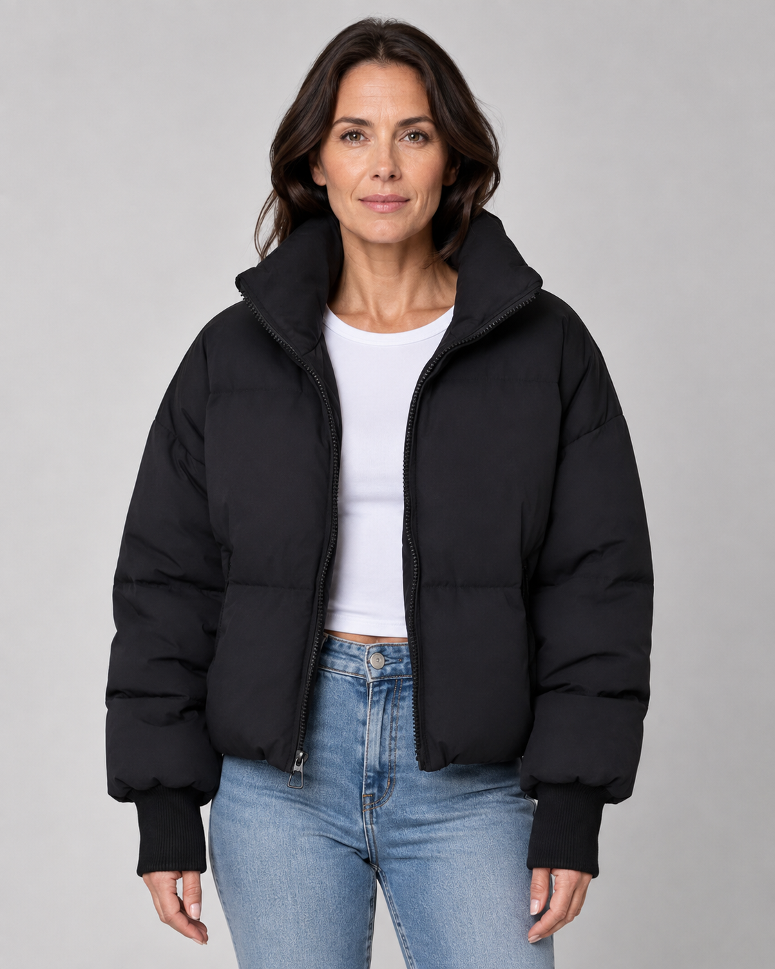 Women's Oversized Puffer Jacket with Stand Collar and Zip Front