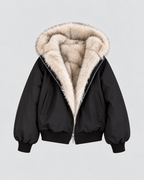 Women's Faux Fur Lined Bomber Jacket with Hood and Zip Front