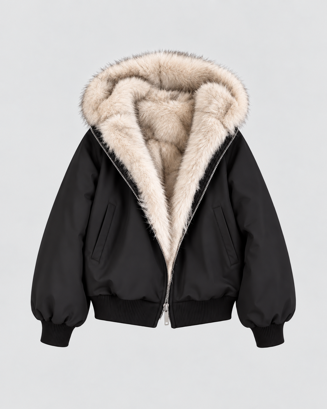 Women's Faux Fur Lined Bomber Jacket with Hood and Zip Front