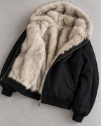 Women's Faux Fur Lined Bomber Jacket with Hood and Zip Front