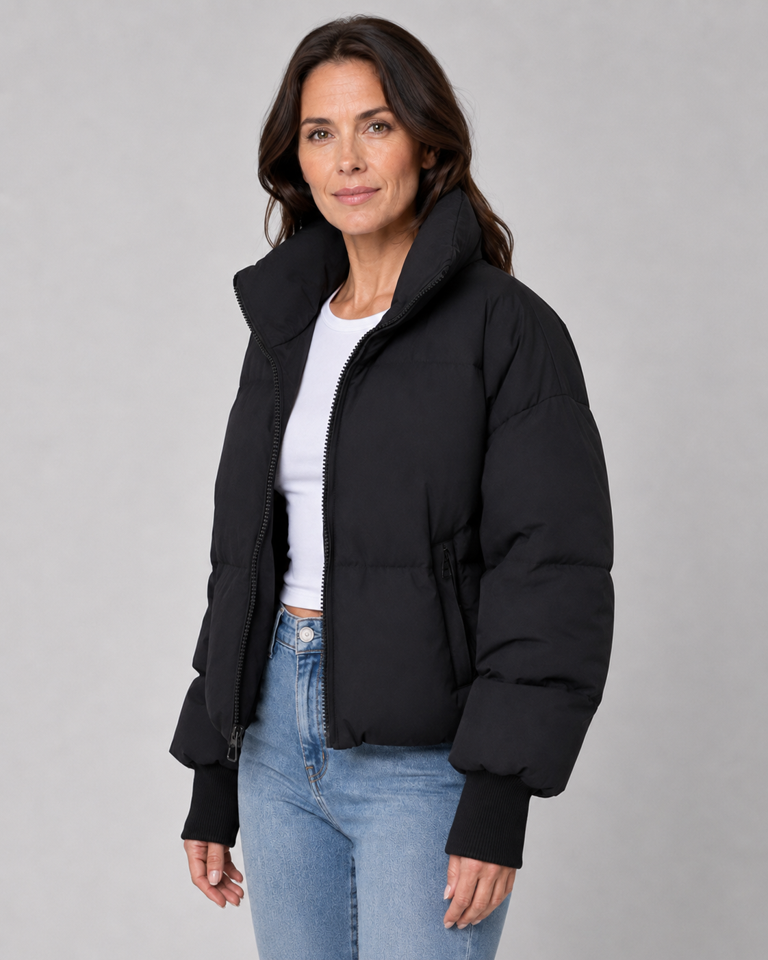 Women's Oversized Puffer Jacket with Stand Collar and Zip Front