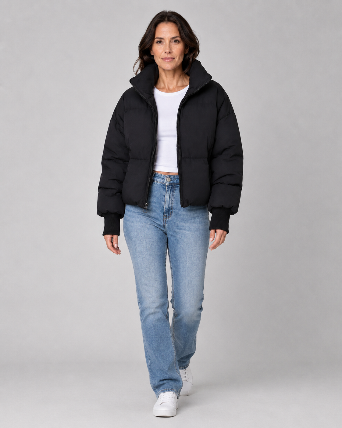 Women's Oversized Puffer Jacket with Stand Collar and Zip Front