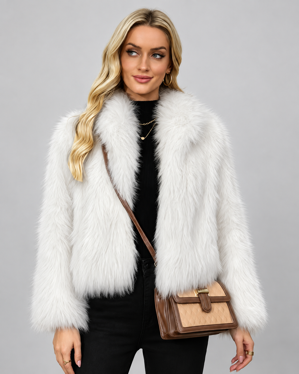 Women's Cropped Faux Fur Jacket with Shawl Collar and Open Front