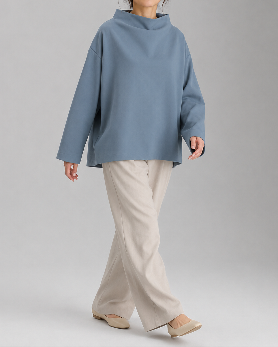Women's High Neck Long Sleeve Top | Relaxed Fit Funnel Neck Pullover