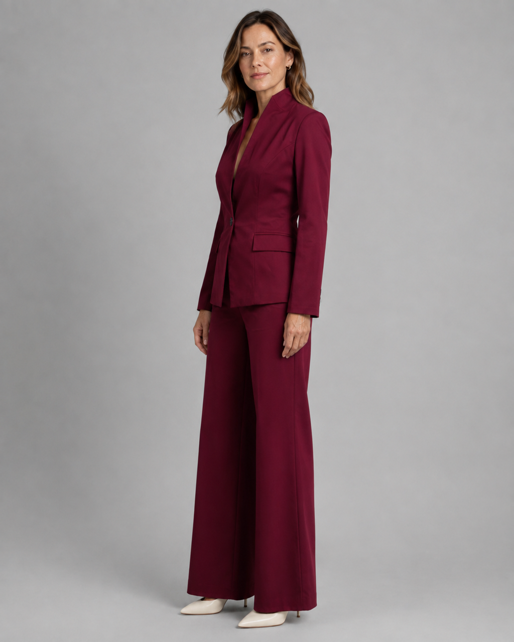 Women's Trouser Suit | Stand Collar Blazer & Flared Trousers Two Piece Set
