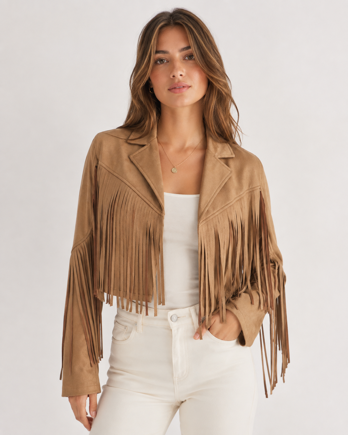 Women's Faux Suede Fringe Jacket | Lapel Collar Open Front Cropped Coat