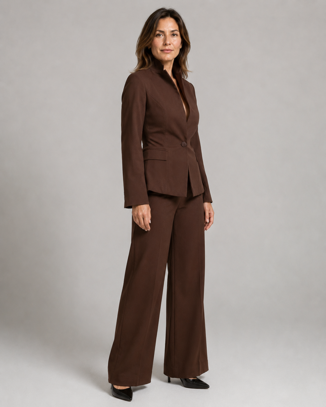 Women's Trouser Suit | Stand Collar Blazer & Flared Trousers Two Piece Set