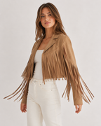 Women's Faux Suede Fringe Jacket | Lapel Collar Open Front Cropped Coat