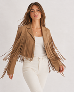 Women's Faux Suede Fringe Jacket | Lapel Collar Open Front Cropped Coat