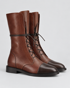 Women's Faux Leather Lace Up Boots with Cap Toe