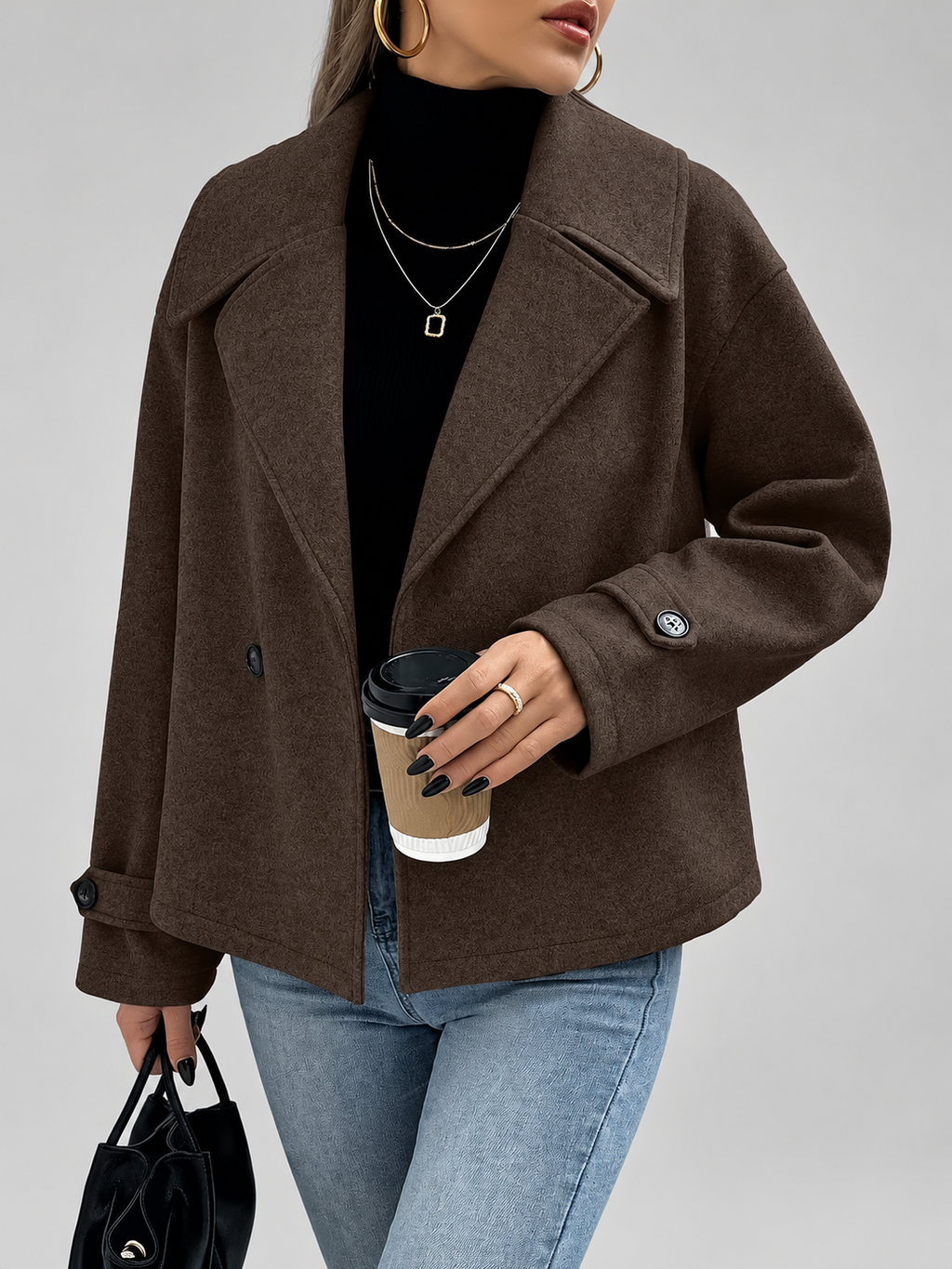 Women's Oversized Double Breasted Short Coat with Lapel Collar