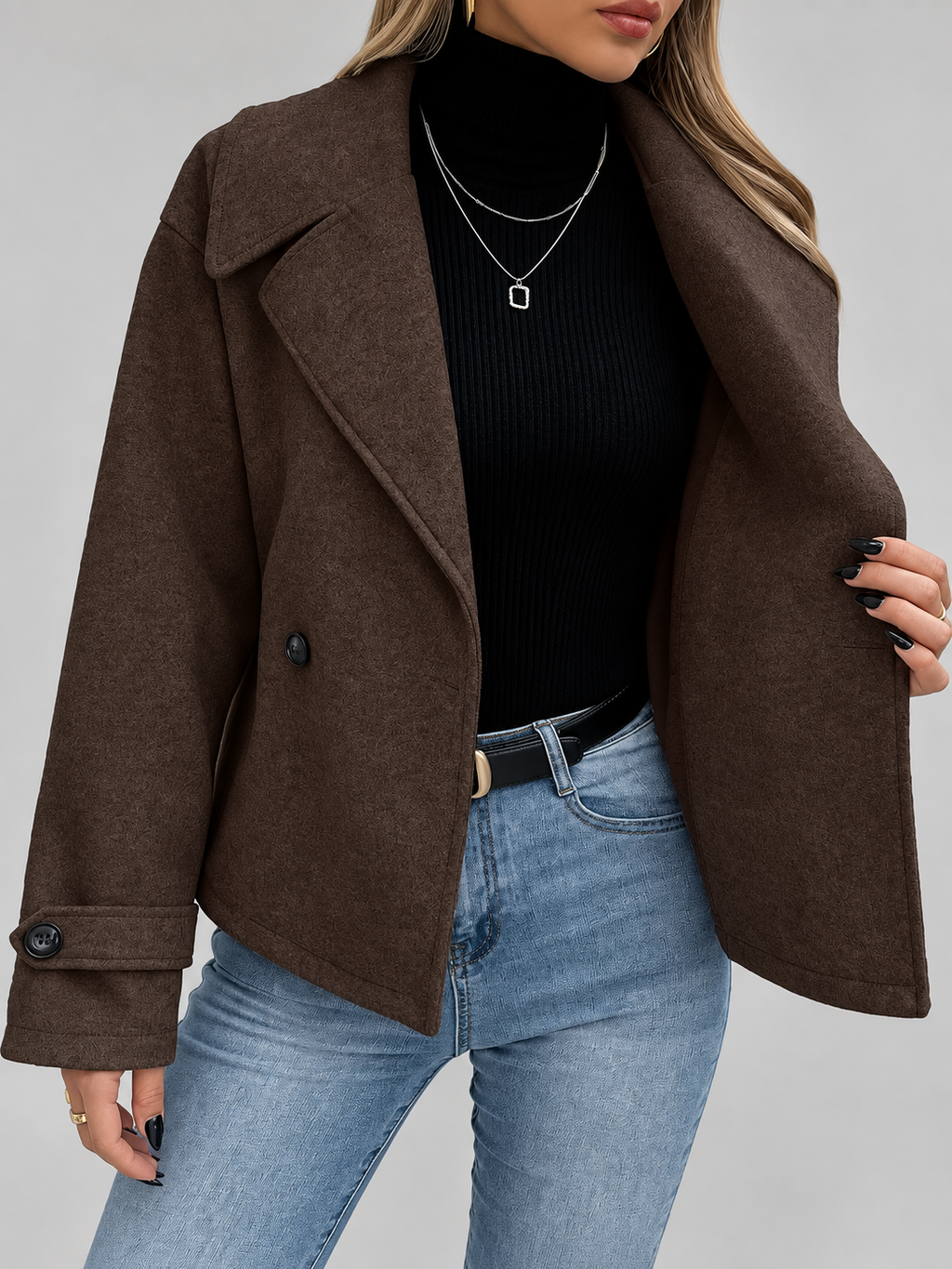 Women's Oversized Double Breasted Short Coat with Lapel Collar