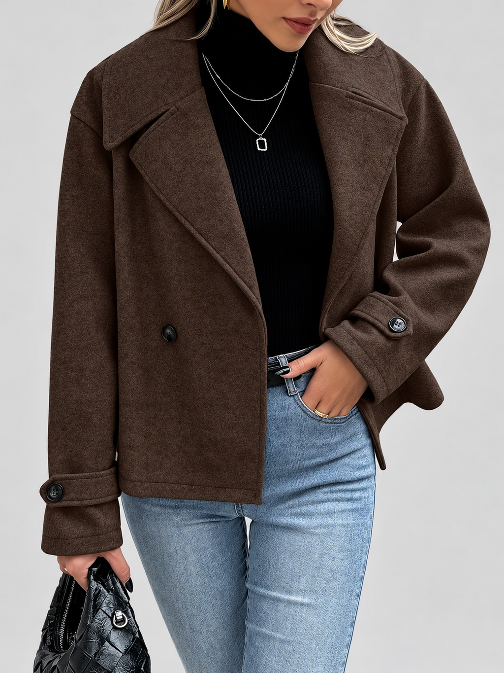 Women's Oversized Double Breasted Short Coat with Lapel Collar