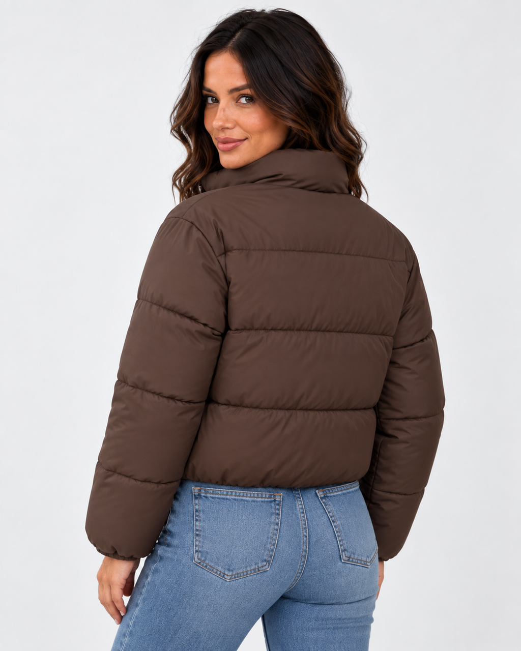 Women's Cropped Padded Puffer Jacket with Stand Collar and Zip Front