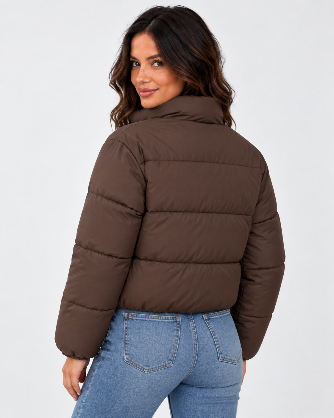 Women's Cropped Padded Puffer Jacket with Stand Collar and Zip Front