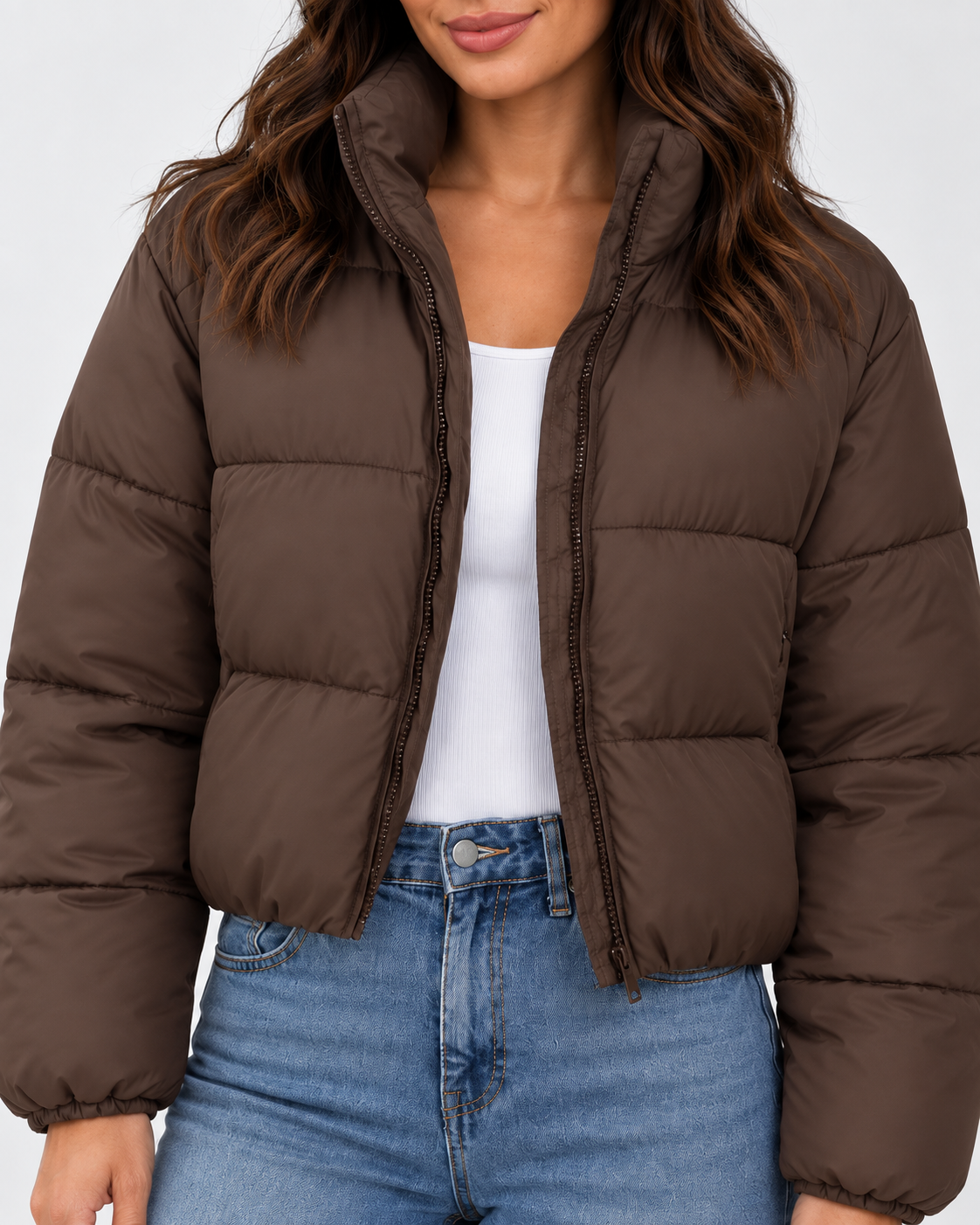 Women's Cropped Padded Puffer Jacket with Stand Collar and Zip Front