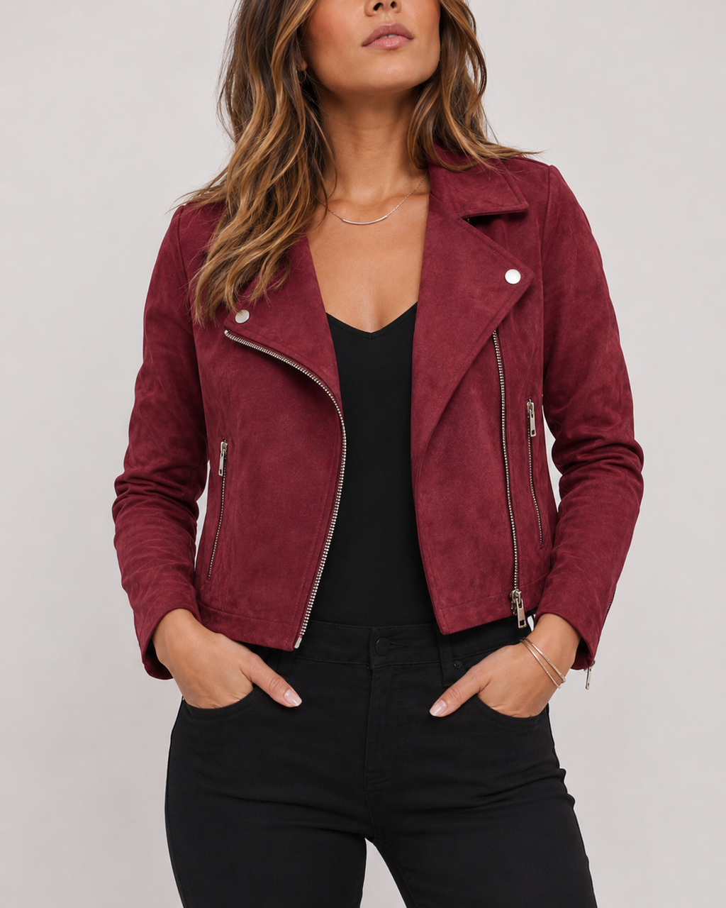 Women's Cropped Suede Look Jacket | Zip Front Lapel Collar Moto Biker Jacket