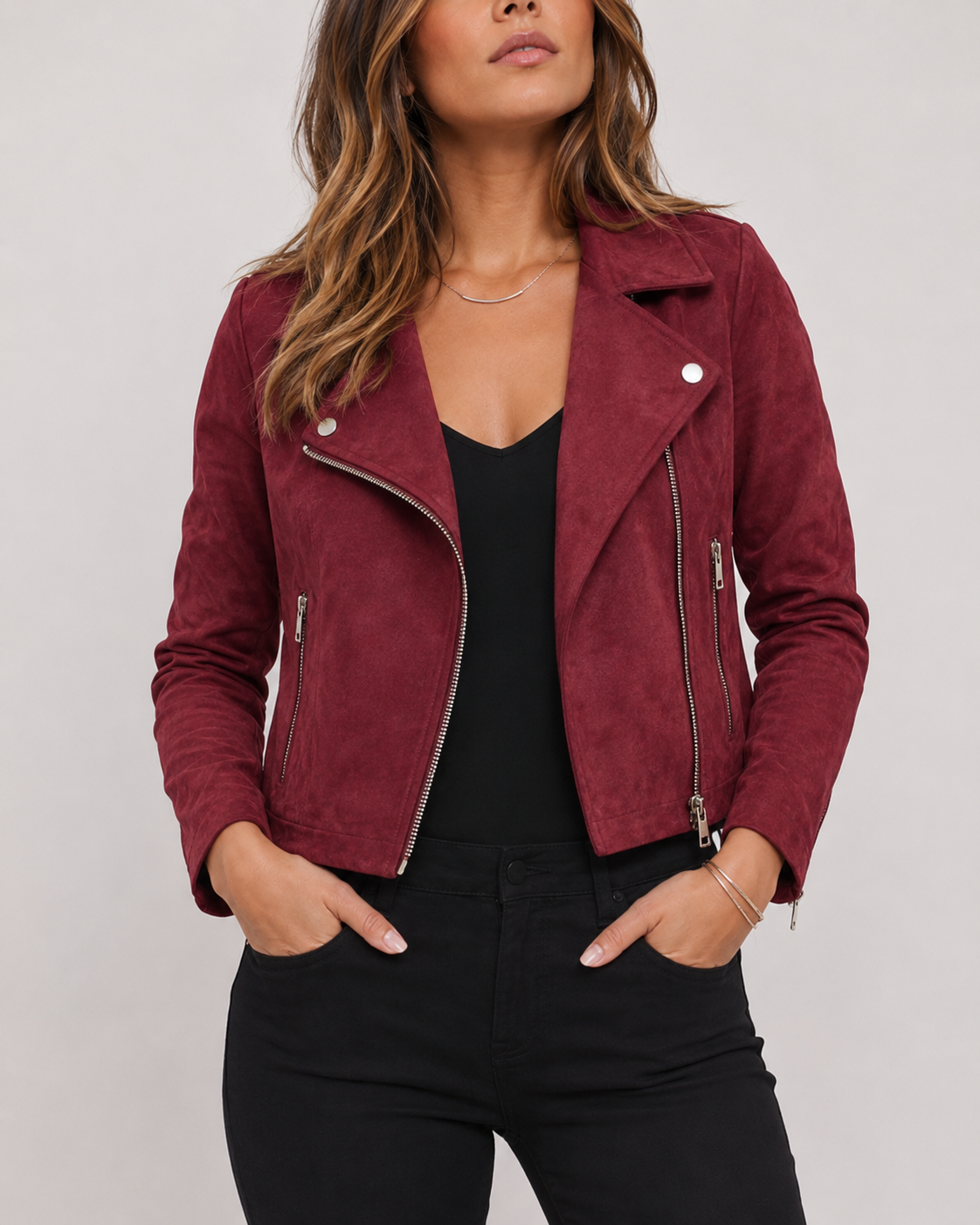 Women's Cropped Suede Look Jacket | Zip Front Lapel Collar Moto Biker Jacket