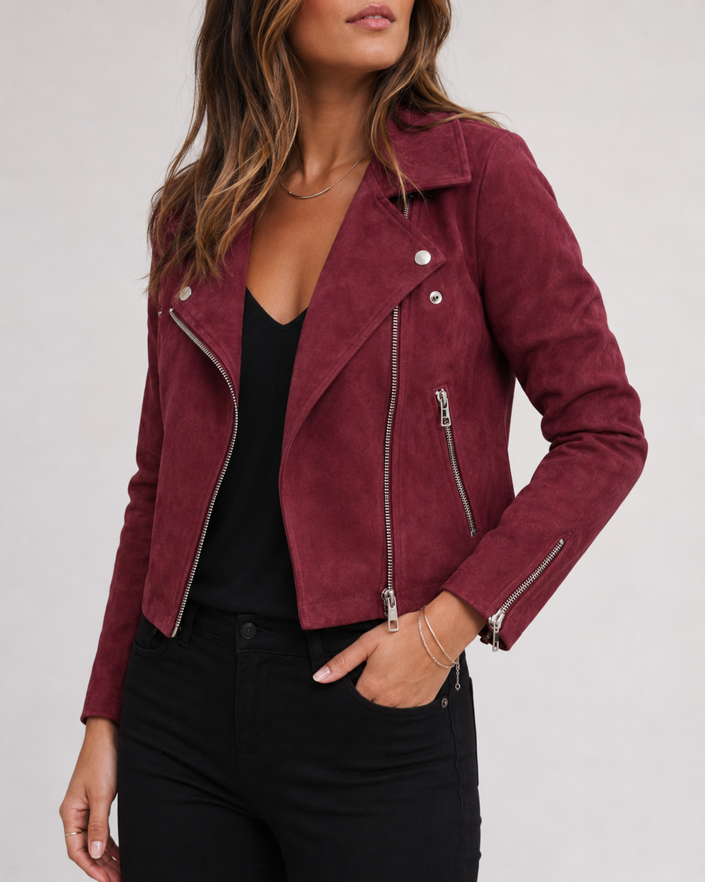 Women's Cropped Suede Look Jacket | Zip Front Lapel Collar Moto Biker Jacket