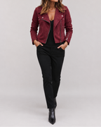 Women's Cropped Suede Look Jacket | Zip Front Lapel Collar Moto Biker Jacket