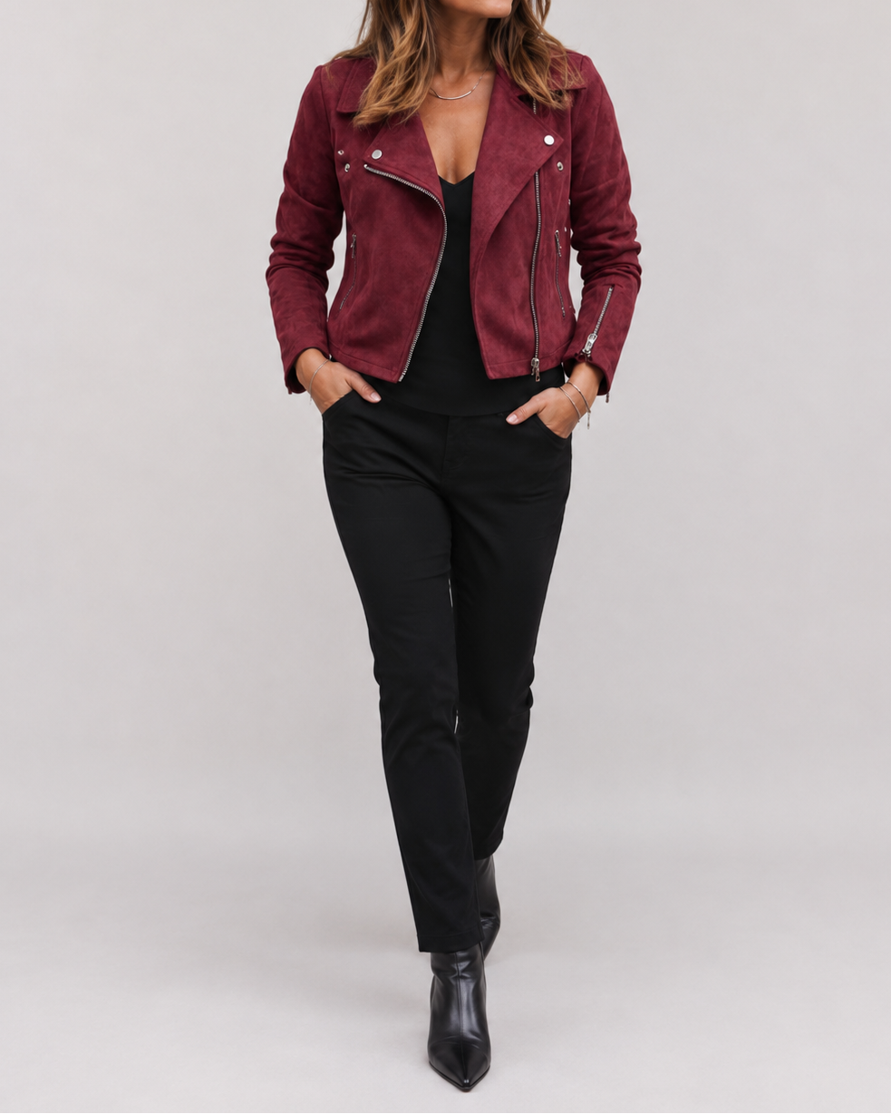 Women's Cropped Suede Look Jacket | Zip Front Lapel Collar Moto Biker Jacket
