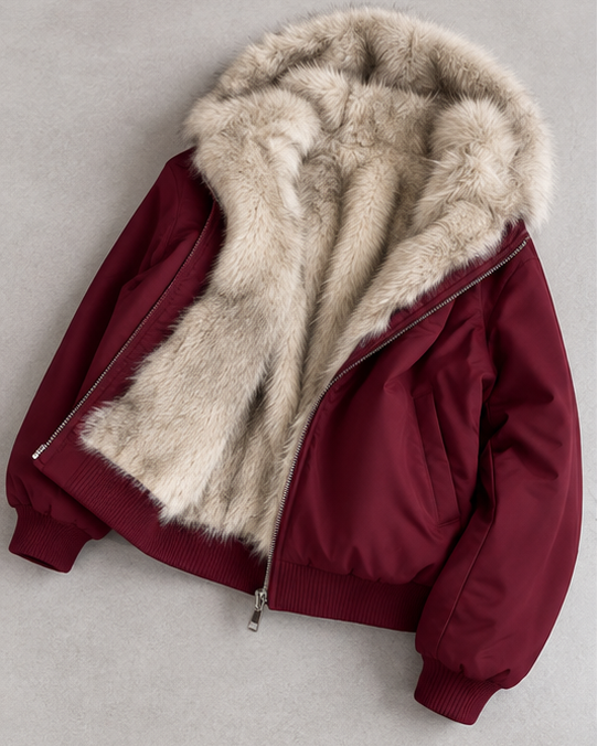 Women's Faux Fur Lined Bomber Jacket with Hood and Zip Front