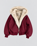 Women's Faux Fur Lined Bomber Jacket with Hood and Zip Front