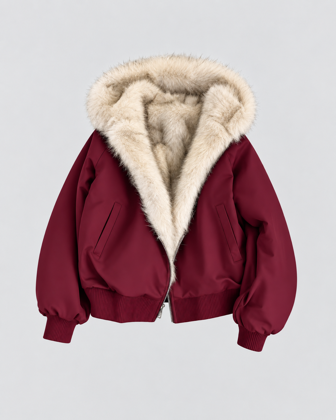 Women's Faux Fur Lined Bomber Jacket with Hood and Zip Front
