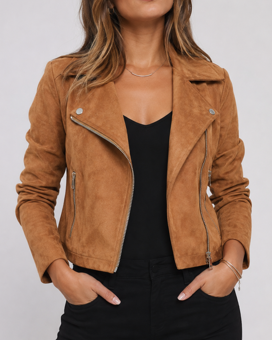 Women's Cropped Suede Look Jacket | Zip Front Lapel Collar Moto Biker Jacket