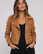 Women's Cropped Suede Look Jacket | Zip Front Lapel Collar Moto Biker Jacket