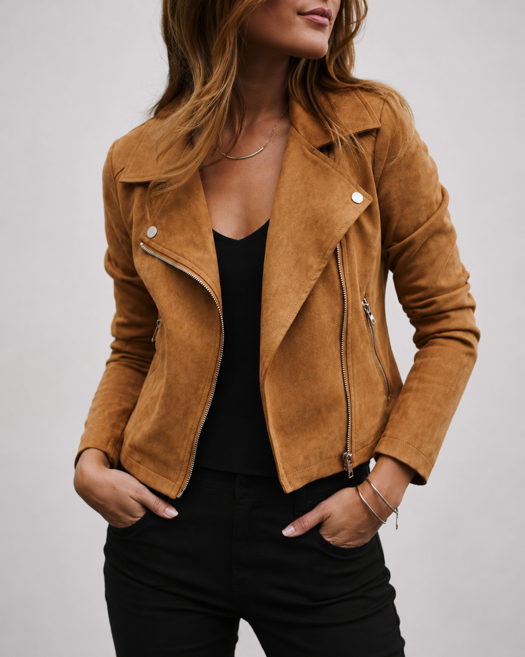 Women's Cropped Suede Look Jacket | Zip Front Lapel Collar Moto Biker Jacket