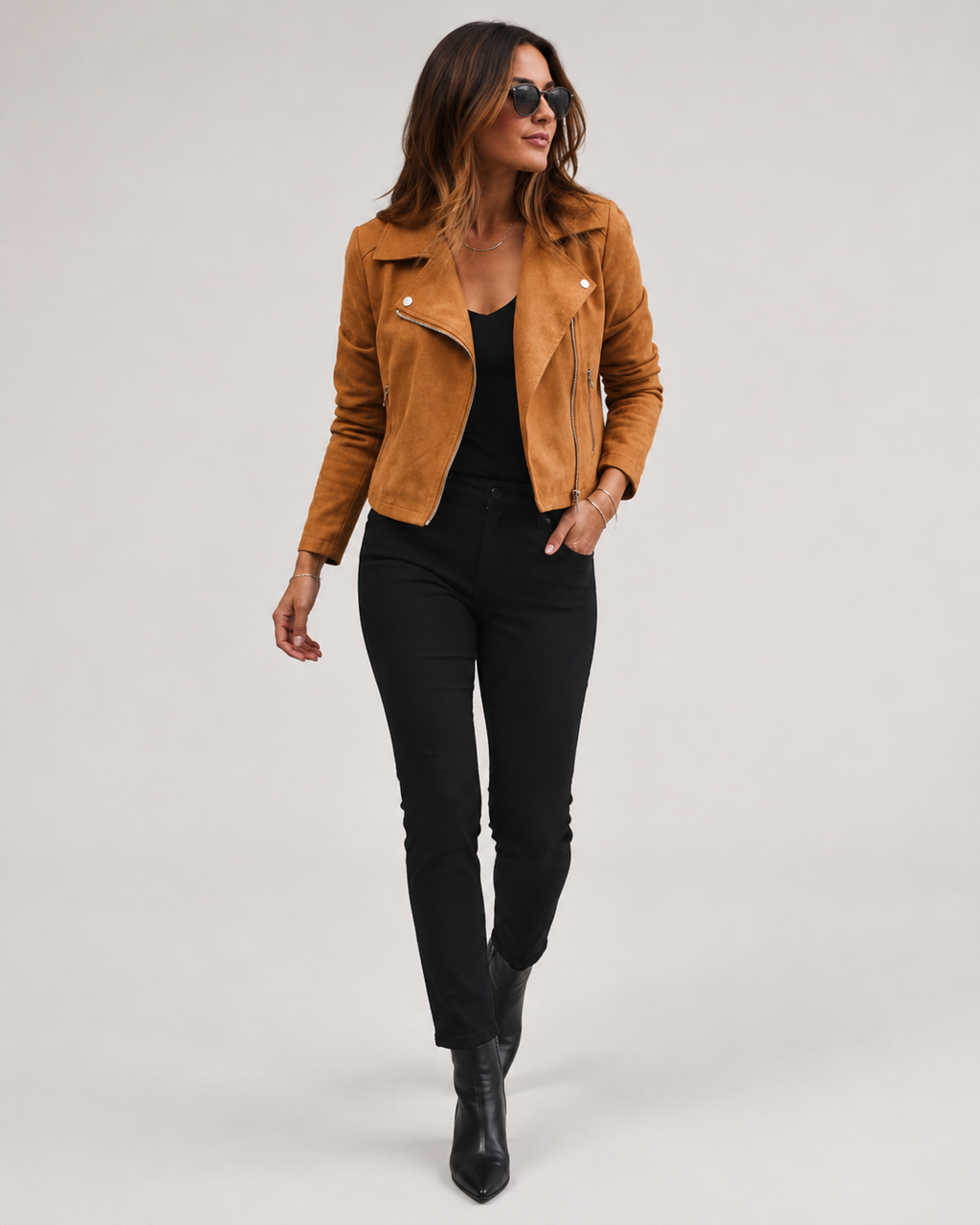 Women's Cropped Suede Look Jacket | Zip Front Lapel Collar Moto Biker Jacket