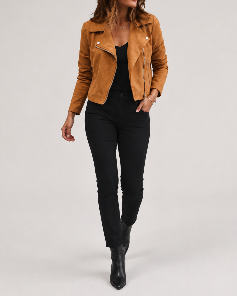 Women's Cropped Suede Look Jacket | Zip Front Lapel Collar Moto Biker Jacket