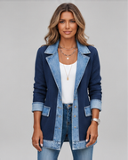Women's Ribbed Jacket with Denim Collar and Button Front