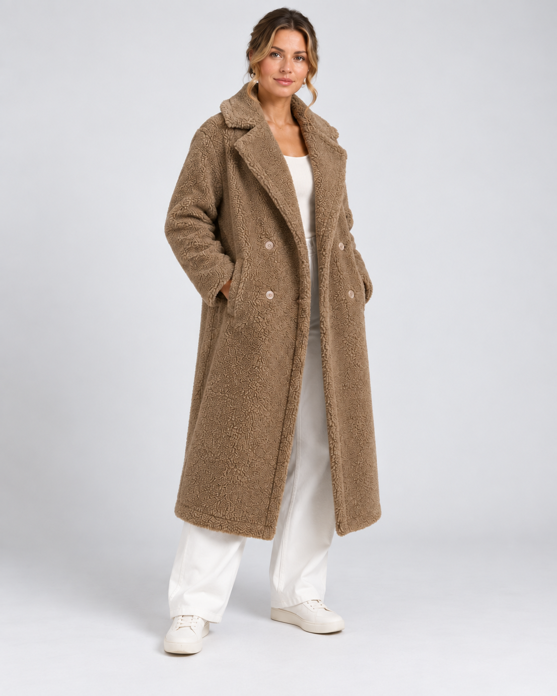 Women's Longline Teddy Fleece Coat with Double Breasted Front