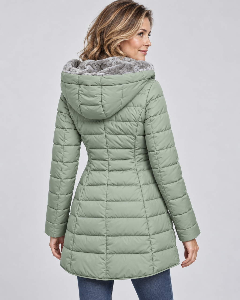 Women's Fleece Lined Hooded Puffer Coat with Mid Length