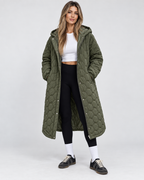 Women's Longline Quilted Hooded Coat with Zip Front and Snap Buttons