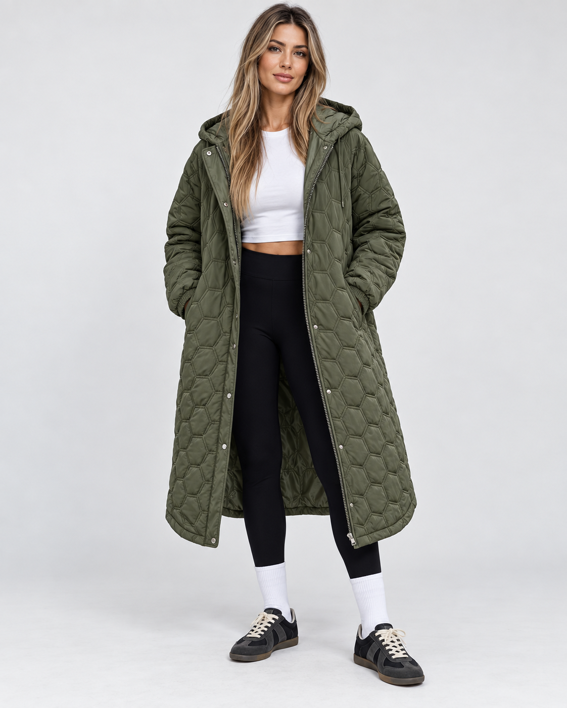 Women's Longline Quilted Hooded Coat with Zip Front and Snap Buttons