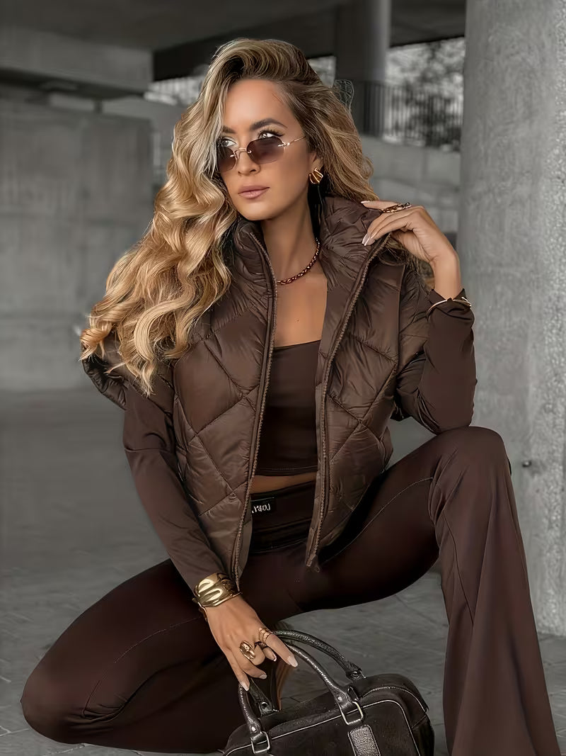 Women's Quilted Puffer Gilet with High Collar and Zip Front