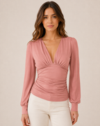 Women's Deep V Neck Blouse | Ruched Waist Long Sleeve Satin Top