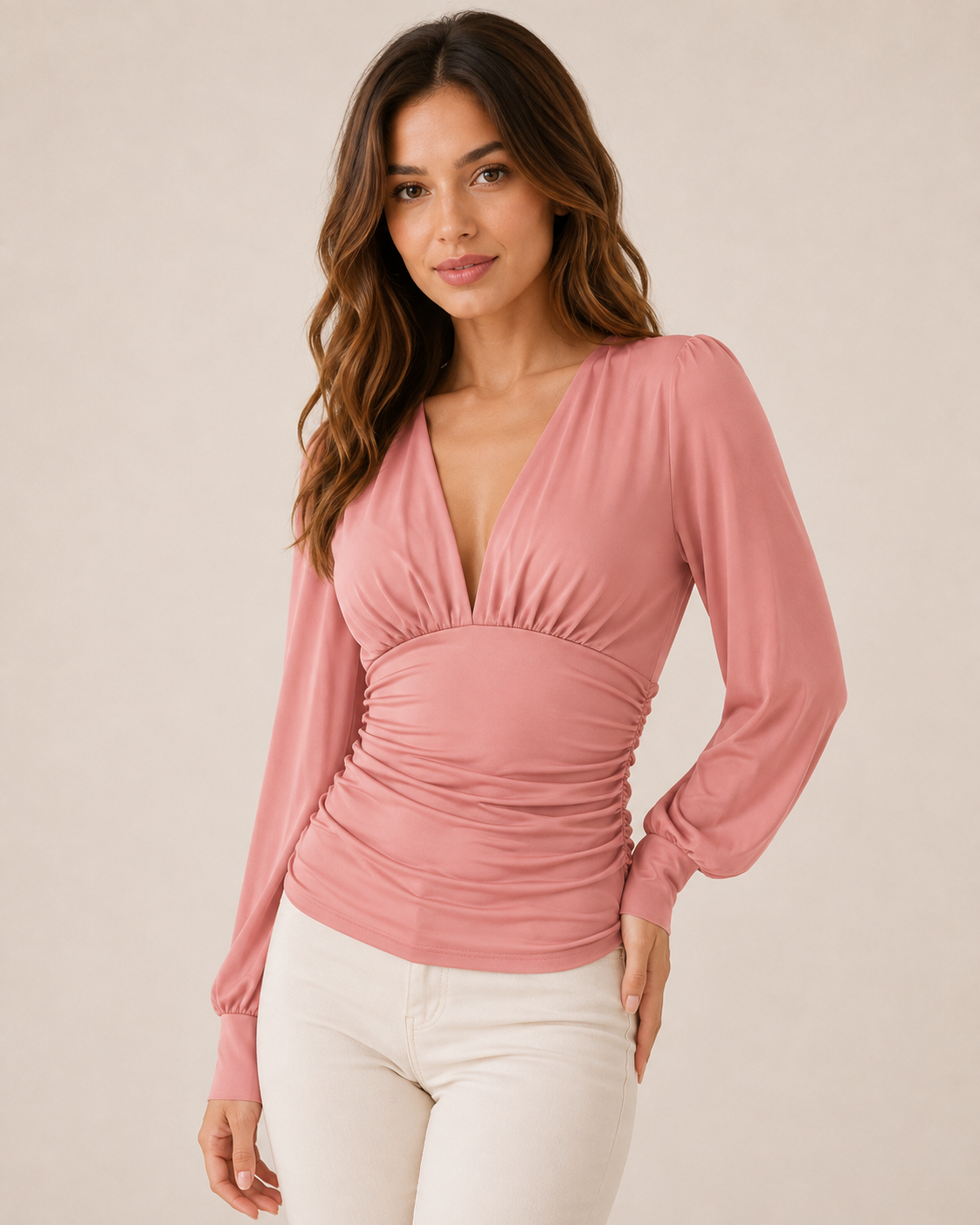 Women's Deep V Neck Blouse | Ruched Waist Long Sleeve Satin Top